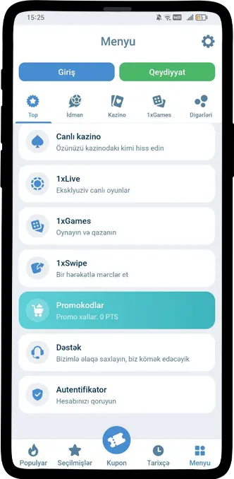 1xBet mobil tətbiqi menyu ekranı – Android üçün 1xBet APK interfeysi