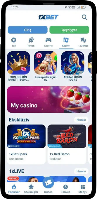 1xBet mobil tətbiqi kazino bölməsi – Android tətbiqində slot oyunları interfeysi