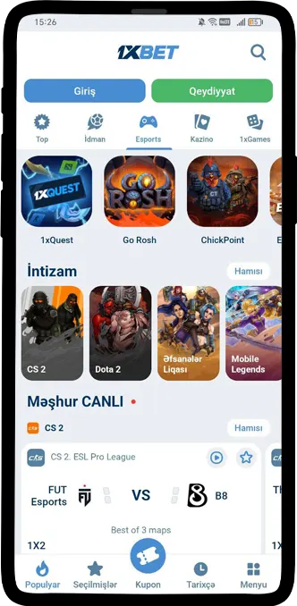 1xBet mobil tətbiqi idman mərcləri bölməsi – Android tətbiqində canlı hadisələr