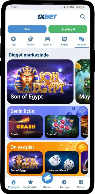 1xBet mobil tətbiqi əsas ekranı – Android üçün kazino və oyunlar bölməsi